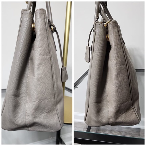 Authentic PRADA 2 Tone Saffiano Lux Large Double Zip Tote Bag Beige - Picture 9 of 10